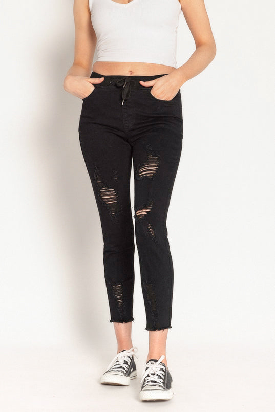 Jogger YMI noir d'aspect usé à taille haute et ourlets effilochés