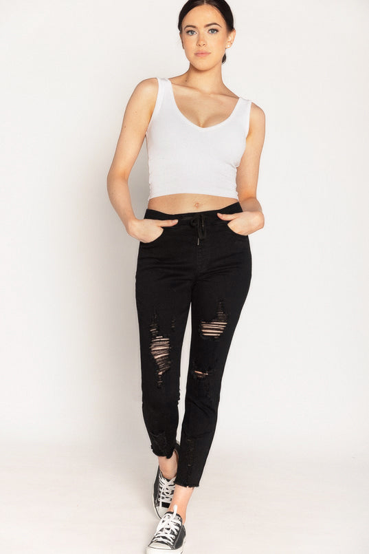 Jogger YMI noir d'aspect usé à taille haute et ourlets effilochés