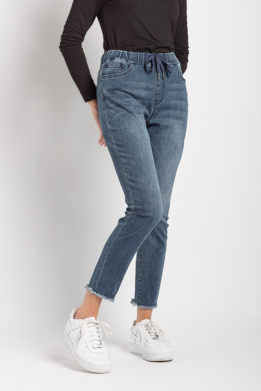 YMI Dark Wash High-Rise Jogger with Frayed Hem