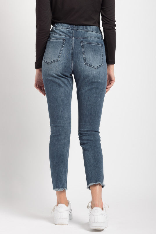 YMI Dark Wash High-Rise Jogger with Frayed Hem