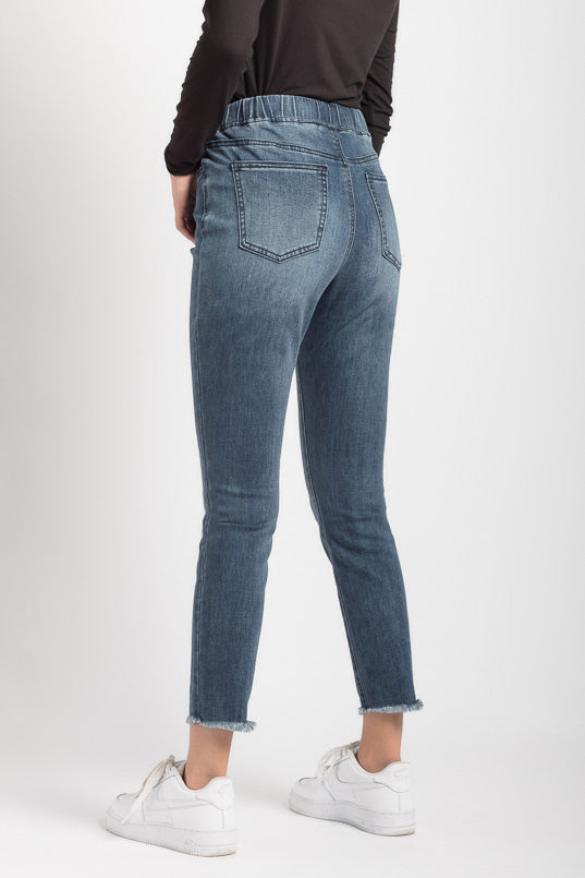 YMI Dark Wash High-Rise Jogger with Frayed Hem