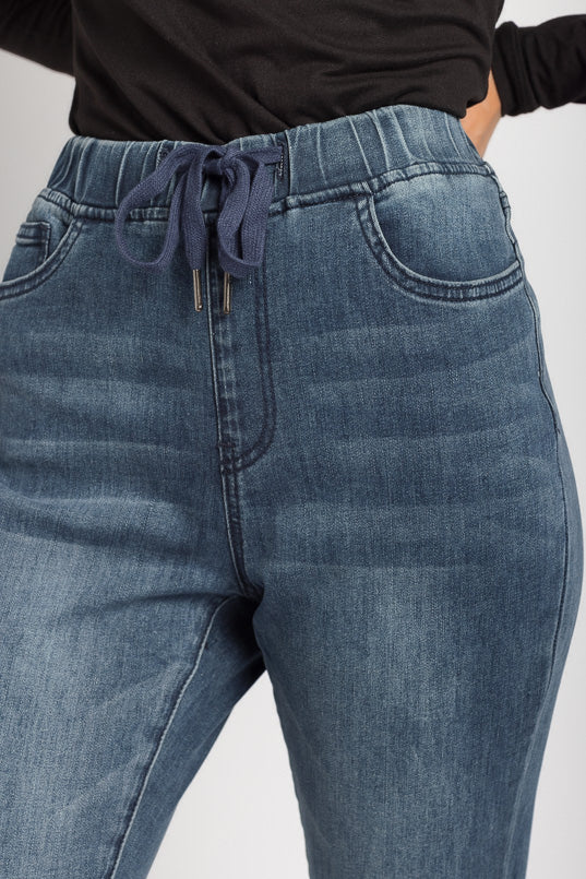 YMI Dark Wash High-Rise Jogger with Frayed Hem