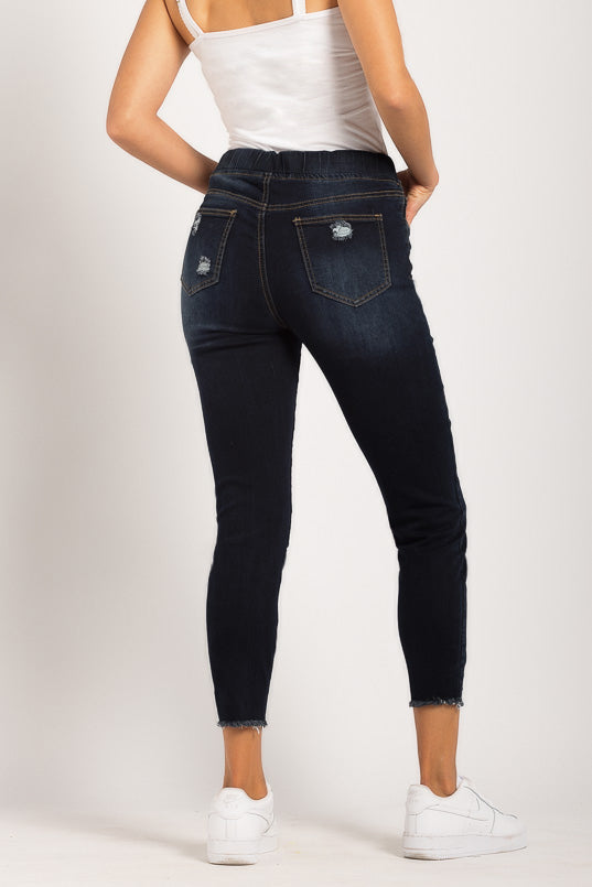 Jogger denim hyper foncé YMI taille haute à ourlet effiloché