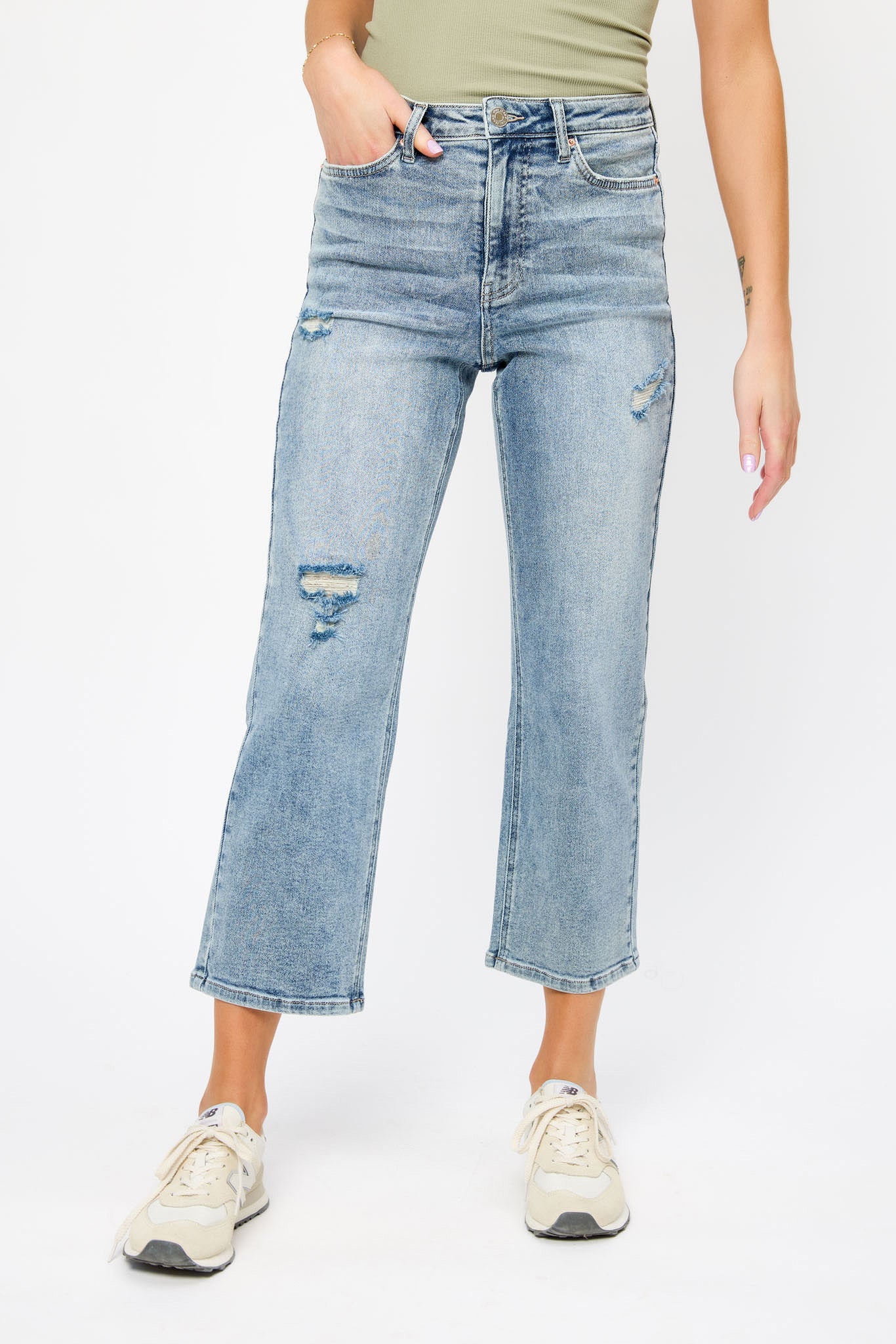 YMI Distressed Mid-Wash High-Rise Cropped Jean