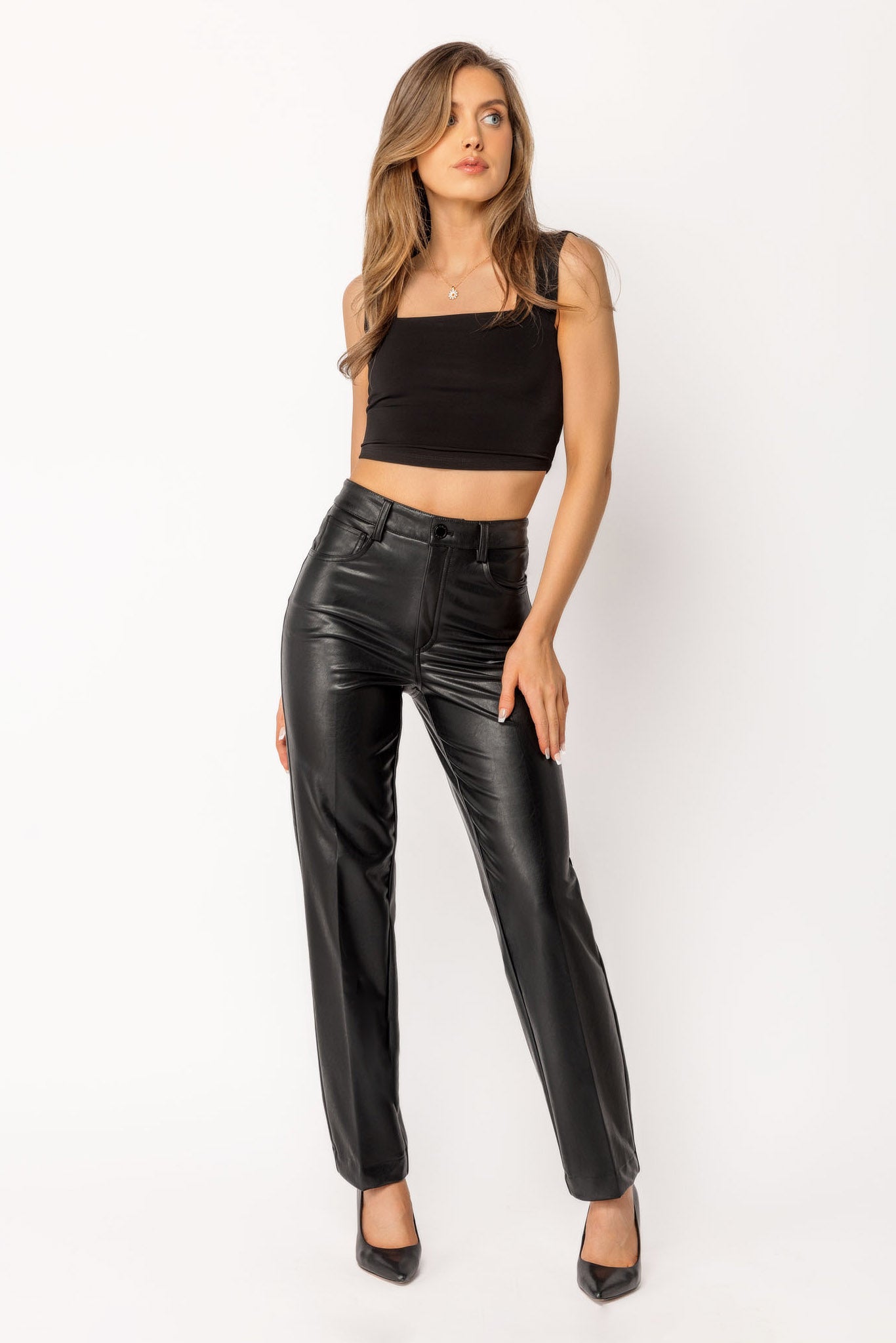 Pantalon droit en similicuir taille haute