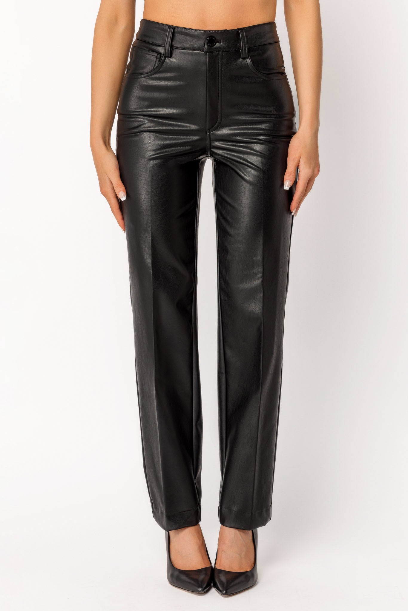 Pantalon droit en similicuir taille haute