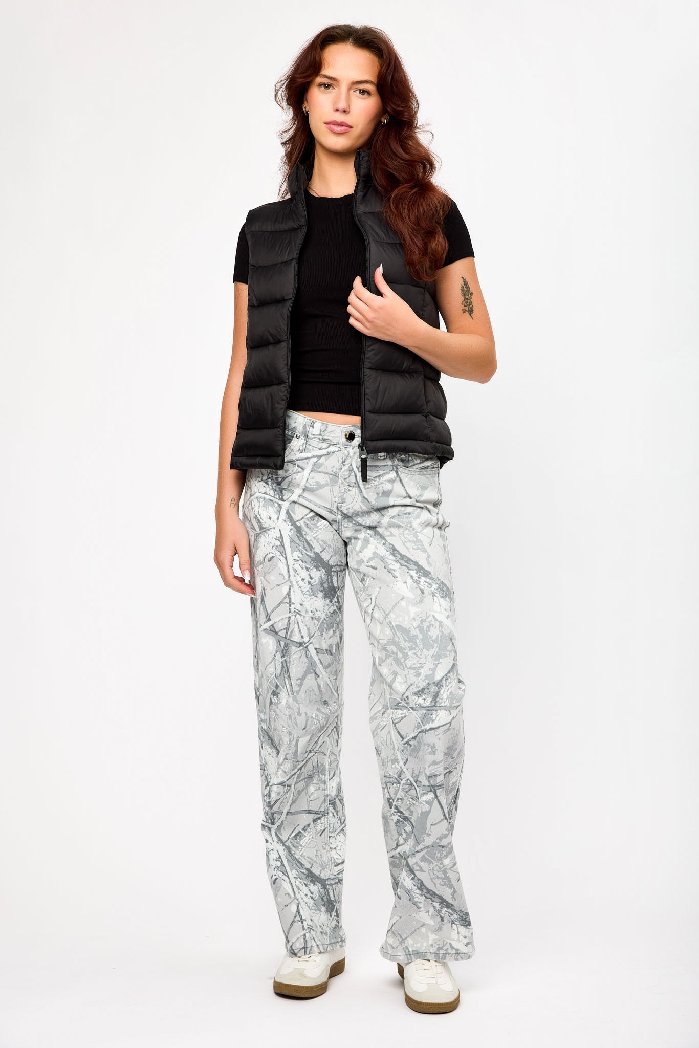 Tattoo Camo Low-Rise Wide-Leg Denim Pant