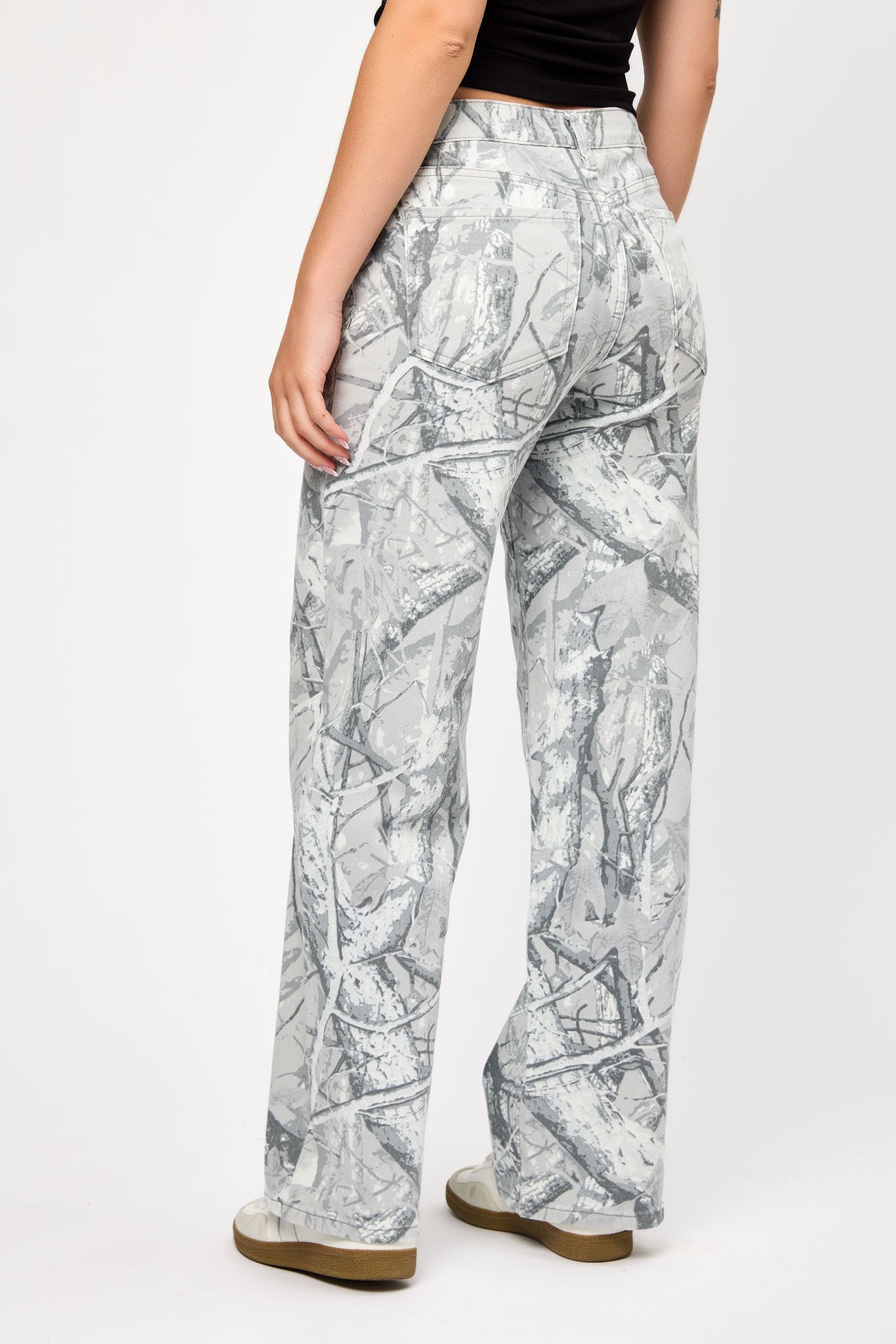 Tattoo Camo Low-Rise Wide-Leg Denim Pant