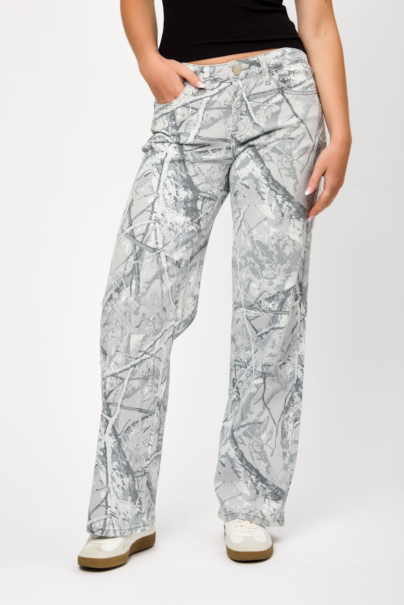 Tattoo Camo Low-Rise Wide-Leg Denim Pant