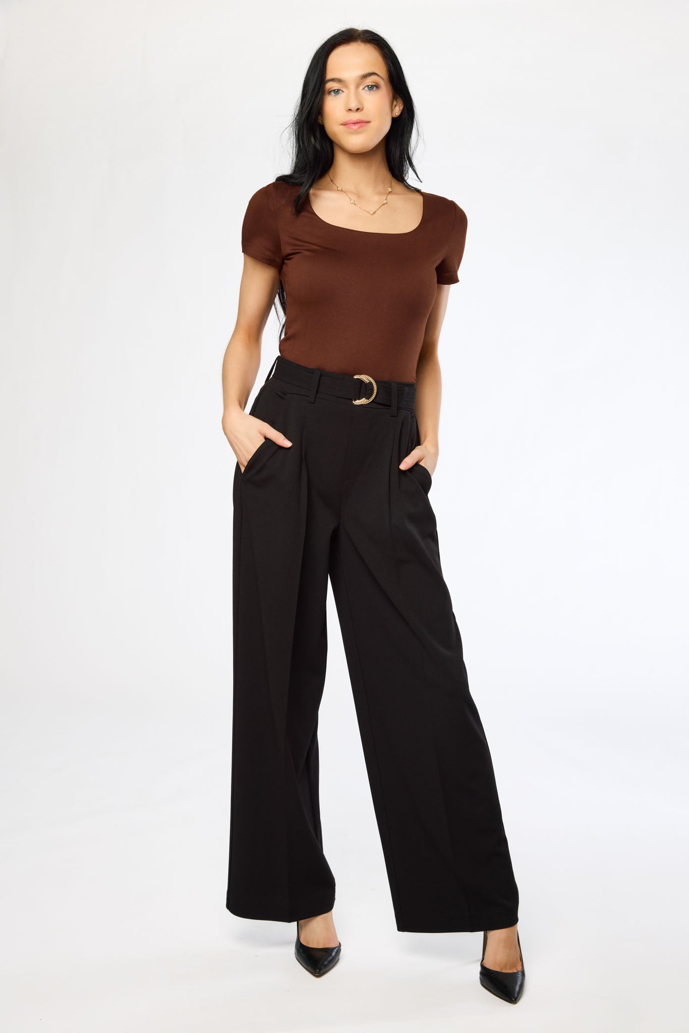 Knit Crepe Wide-Leg Pant with D-Ring Belt