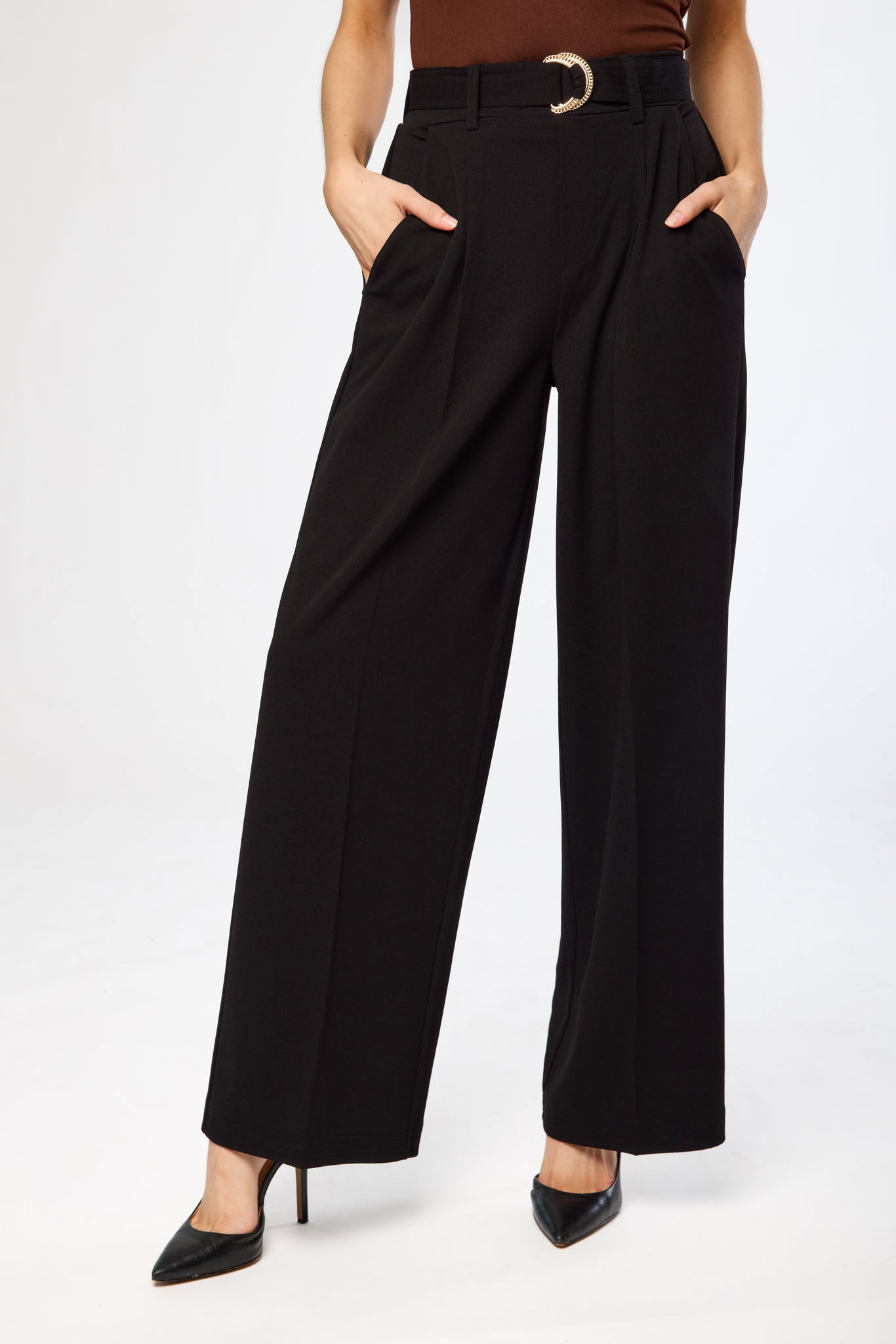 Knit Crepe Wide-Leg Pant with D-Ring Belt