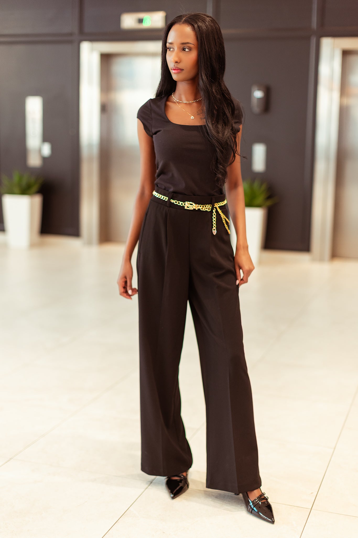 Knit Crepe High-Rise Pant with Chain-Belt – Eclipse