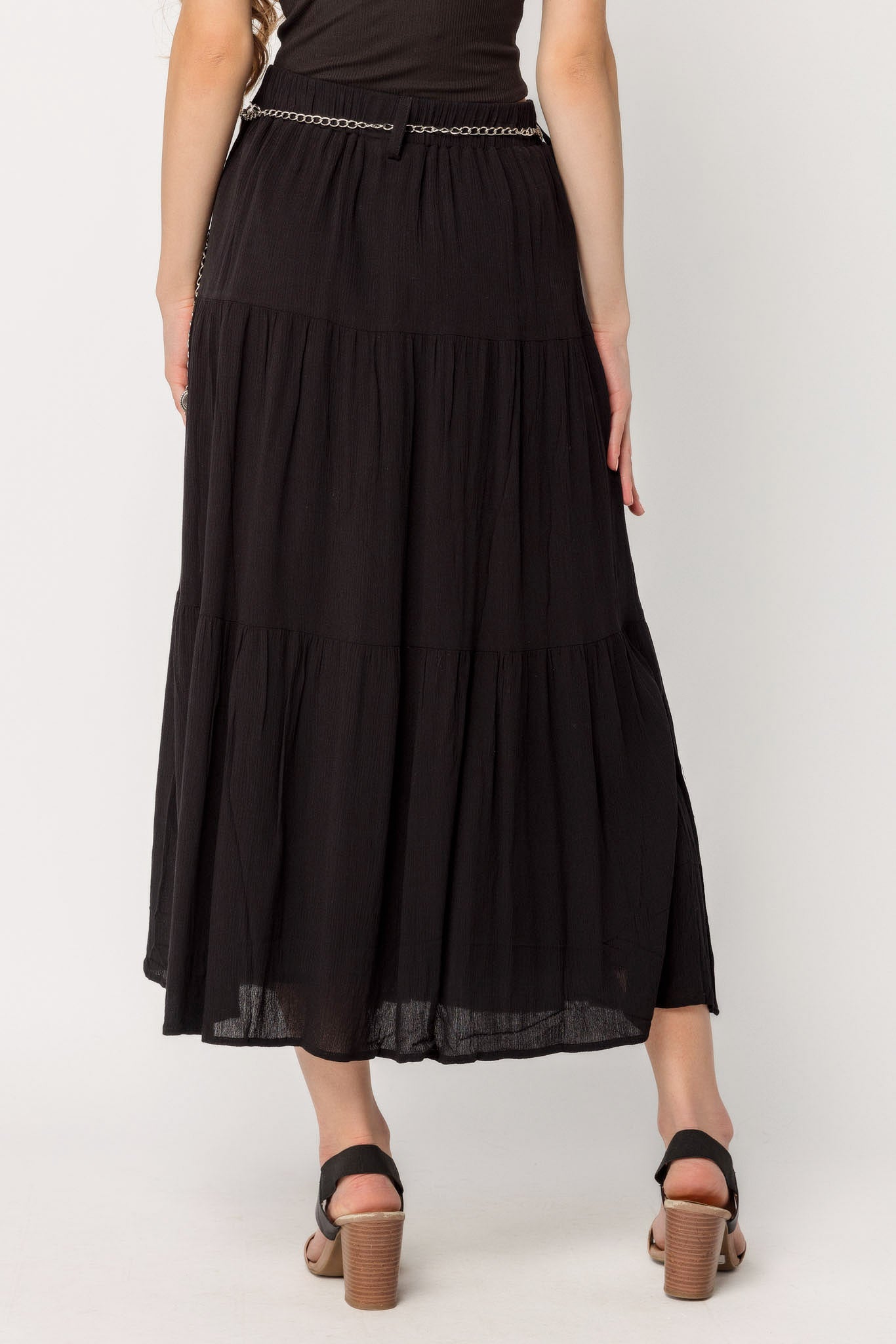 Black Gauze Peasant Maxi Skirt with Metal Belt Black XS