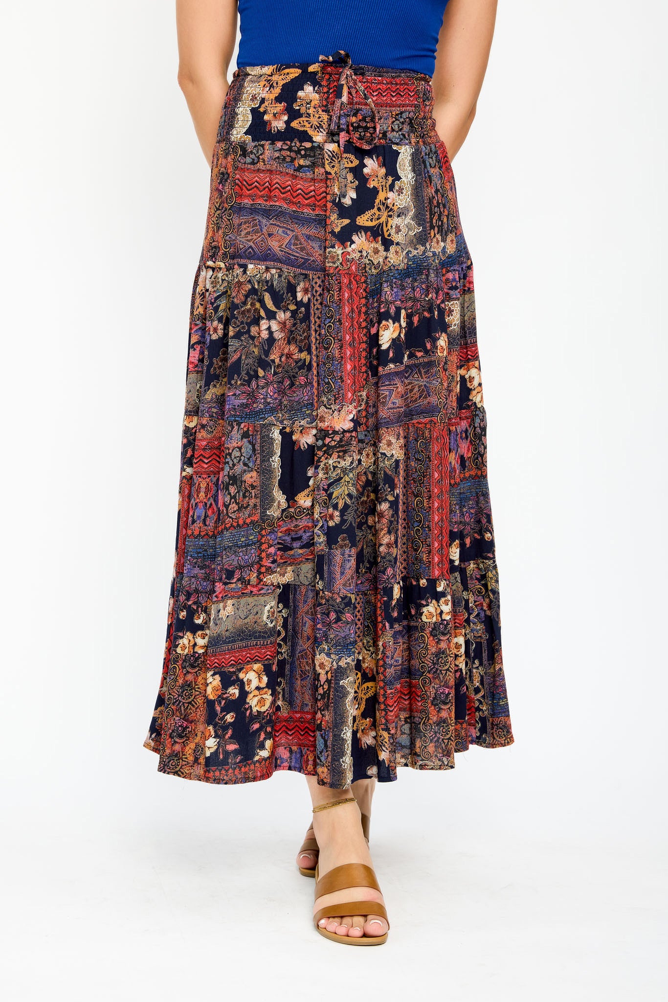 Patchwork Gauze Tiered Maxi Skirt