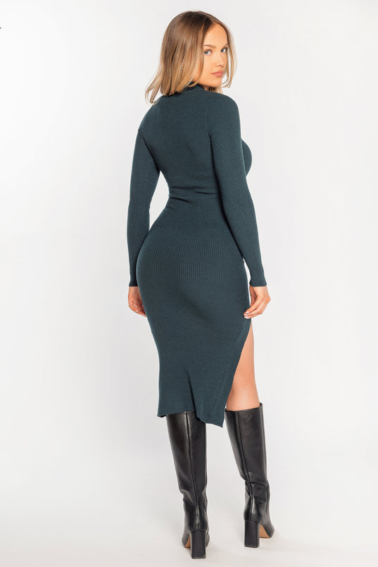 Ribbed Long Sleeve Mock Neck Midi Dress