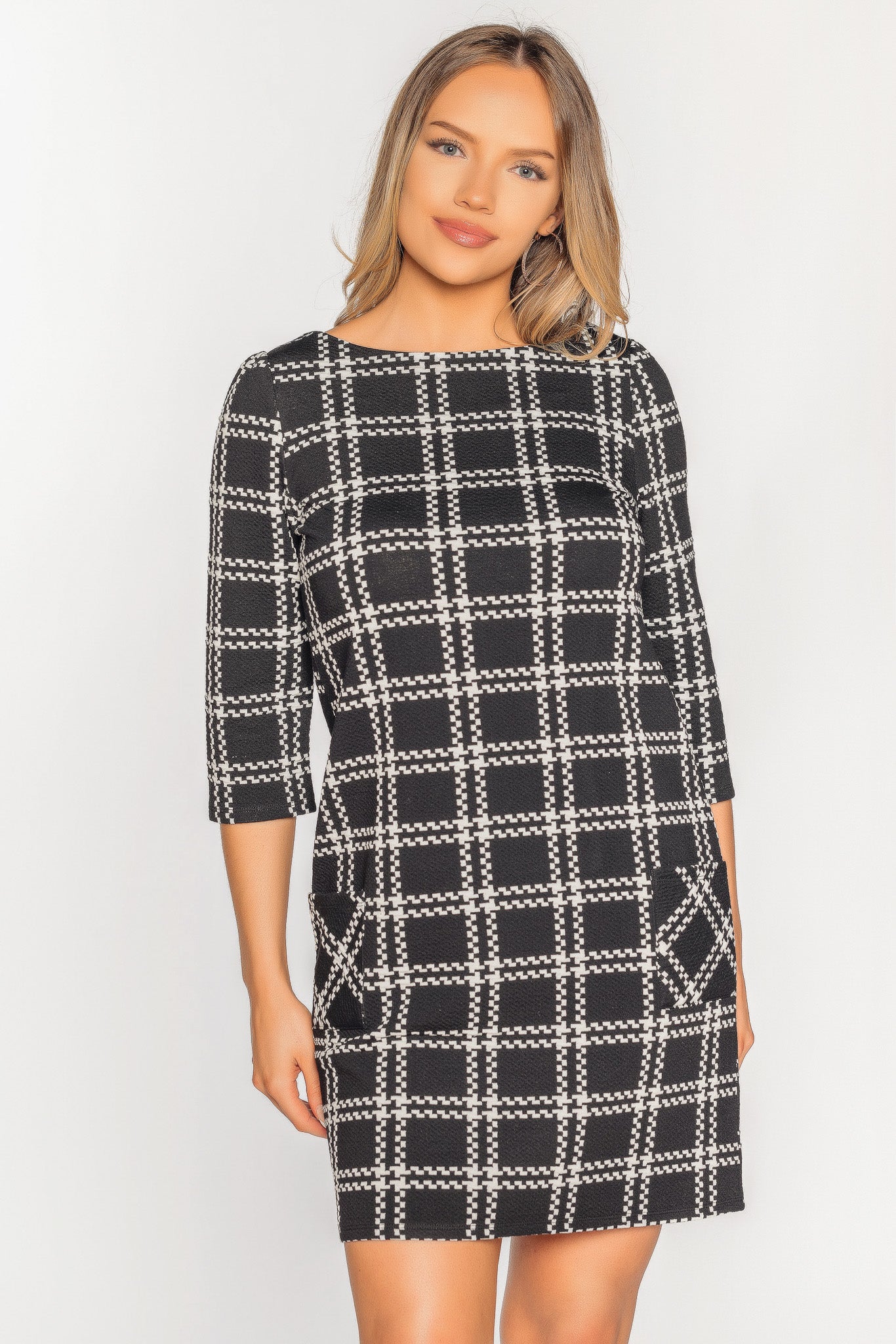 Checker 3/4 Sleeve Dress with Pockets