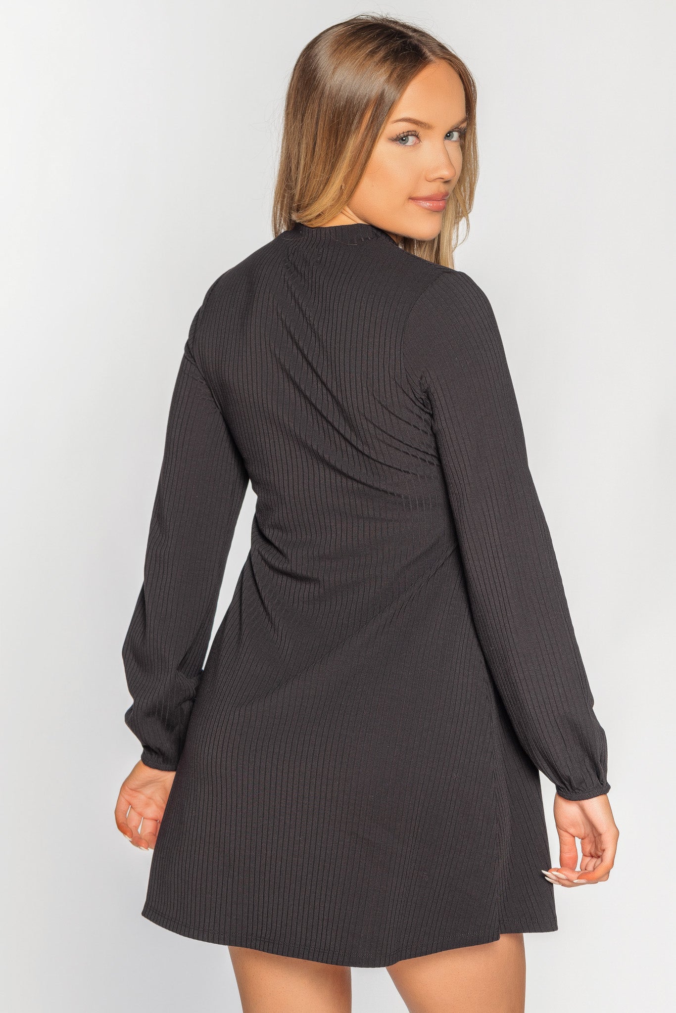 Rib Balloon Sleeve Mockneck Dress