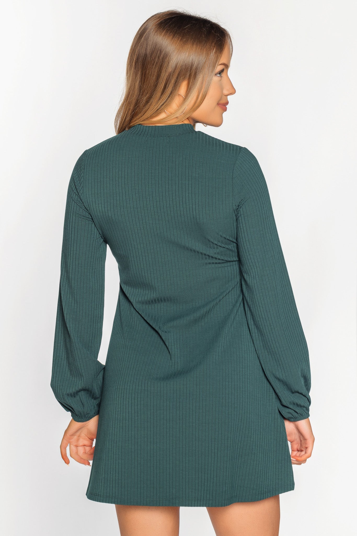 Rib Balloon Sleeve Mockneck Dress