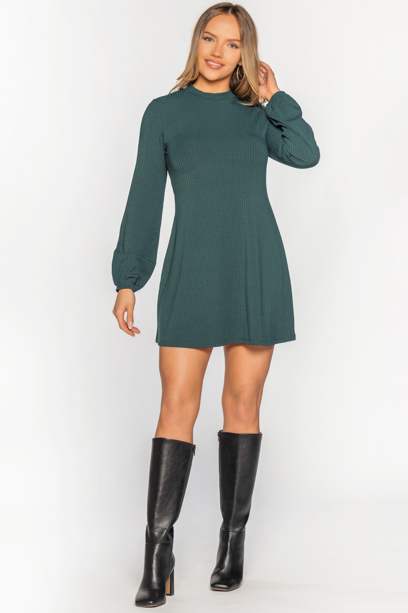 Rib Balloon Sleeve Mockneck Dress