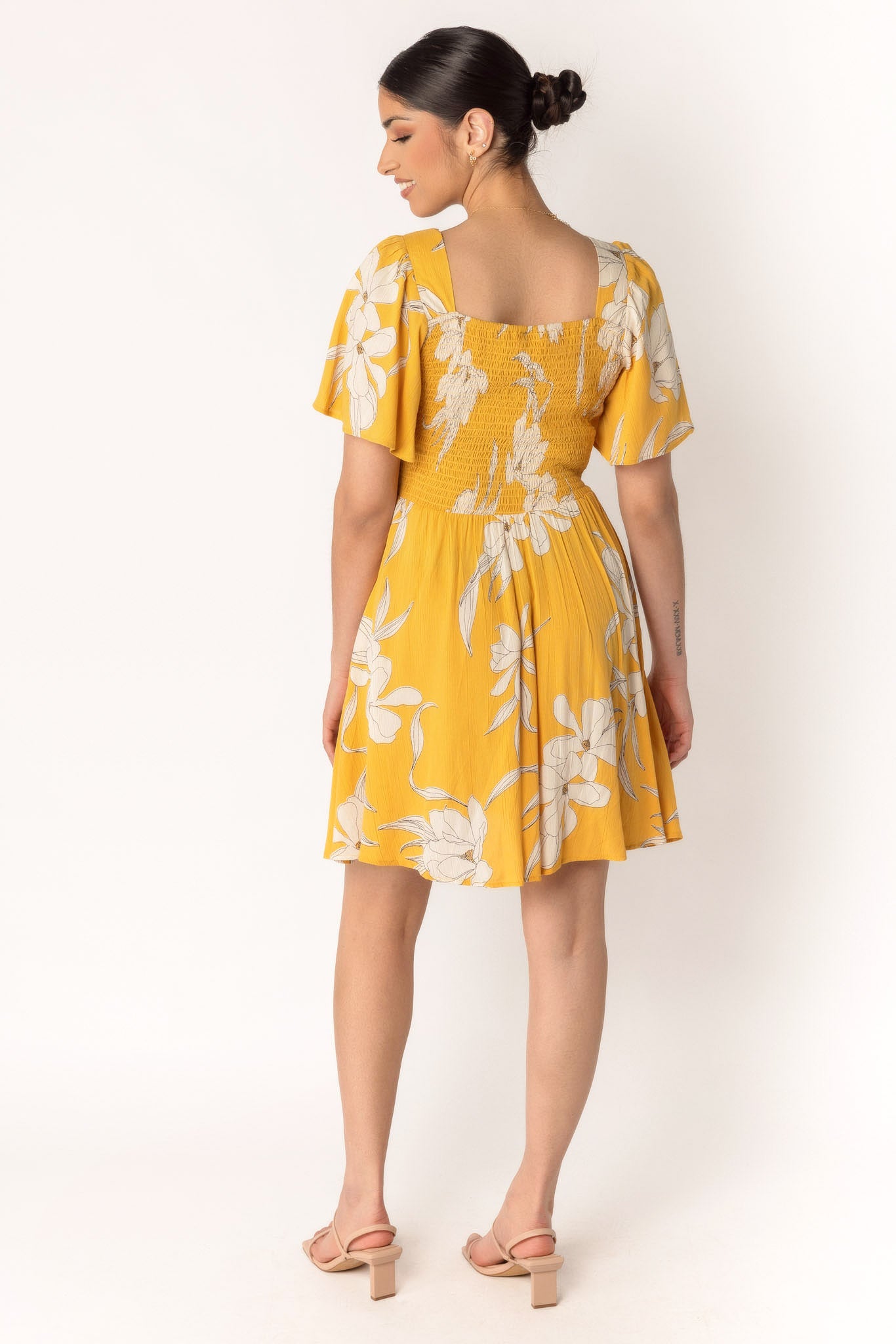 Floral Bell Sleeve Knotted Bust Dress with Cut-Out