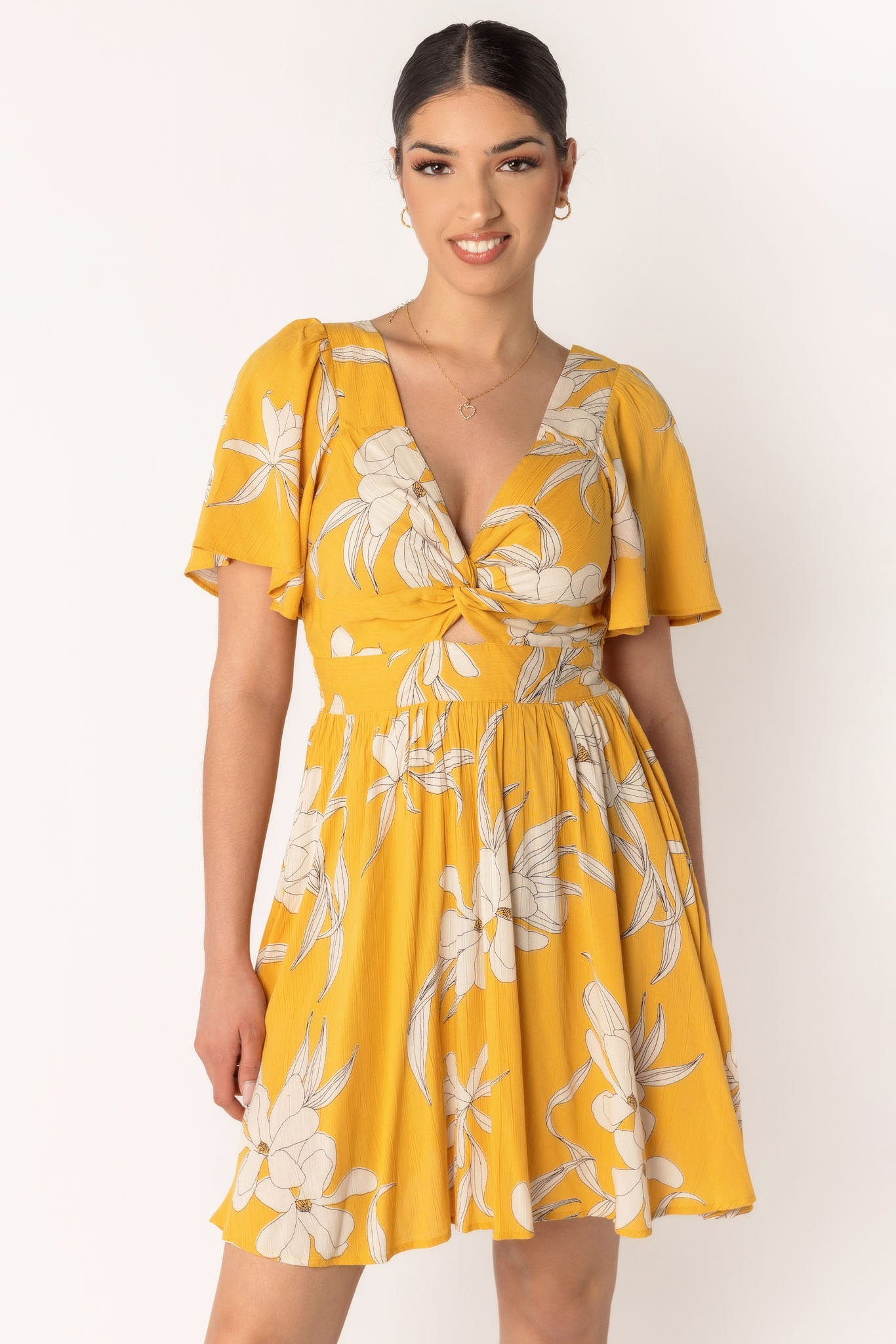 Floral Bell Sleeve Knotted Bust Dress with Cut-Out