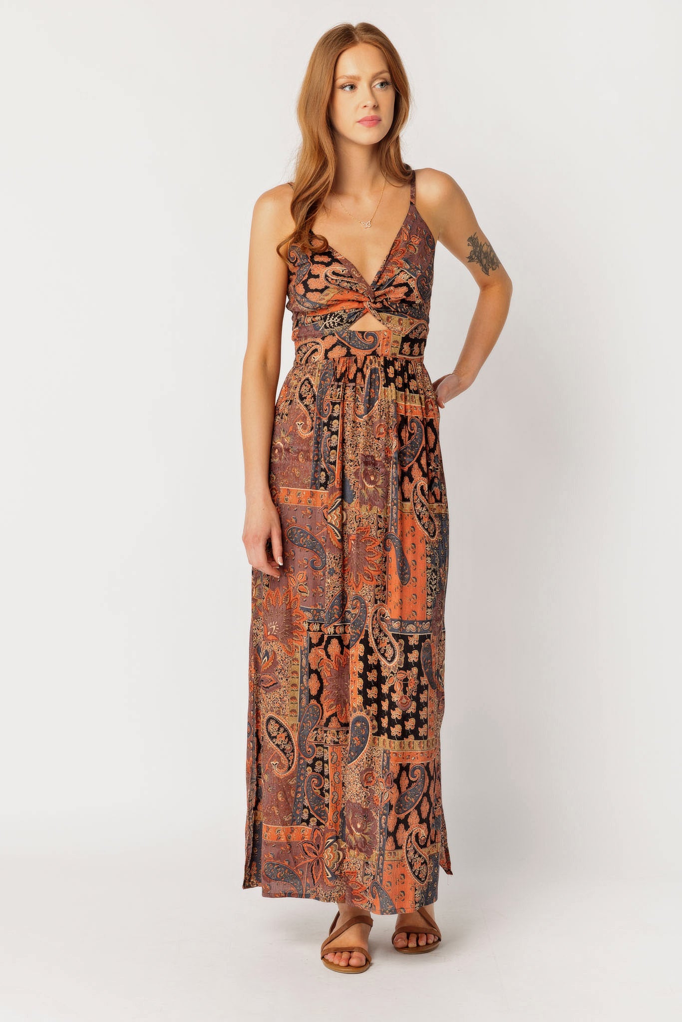 Patchwork Knotted Bust Maxi Dress with Cut-Out