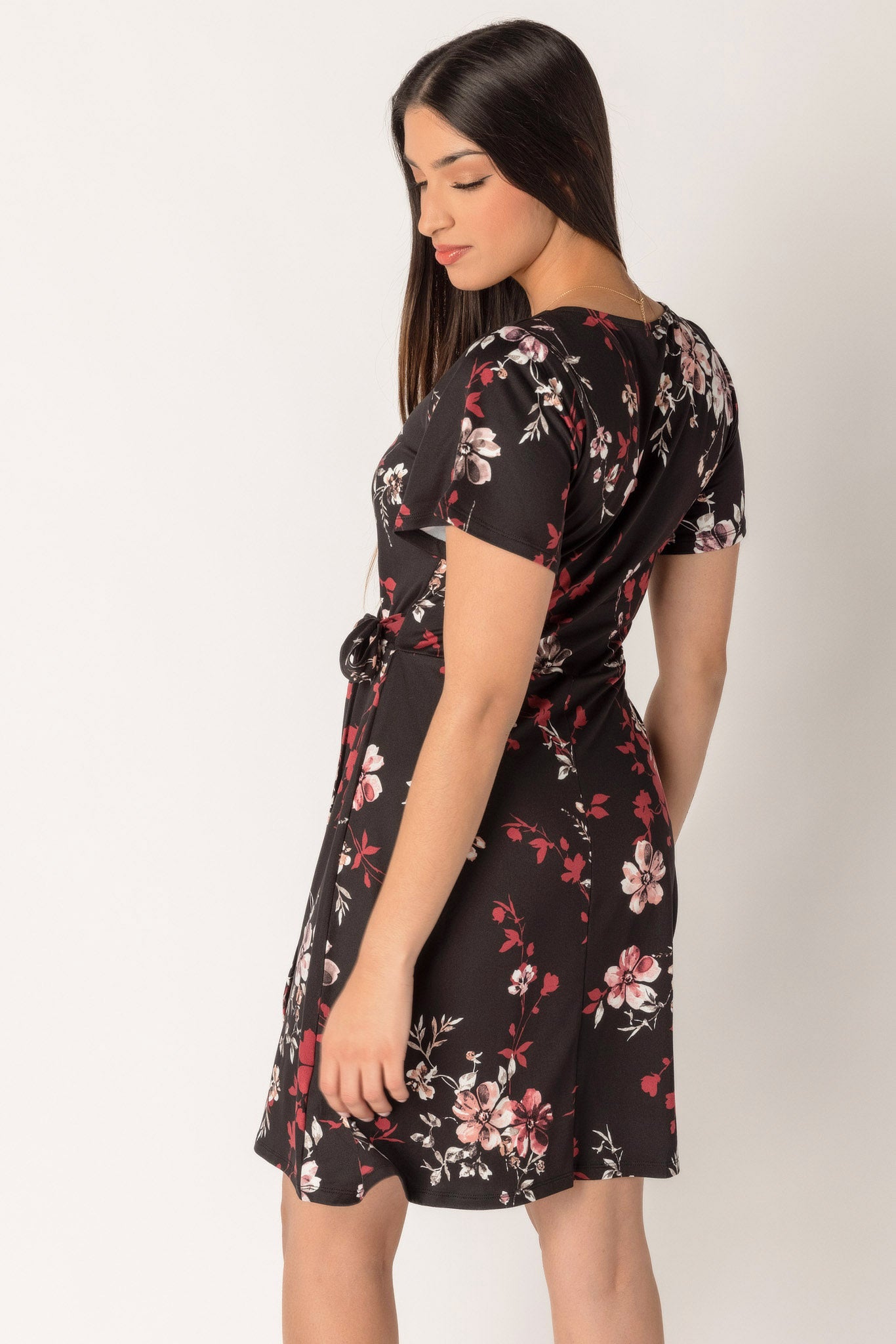 Floral Short Sleeve Crossover Dress with Side-Tie