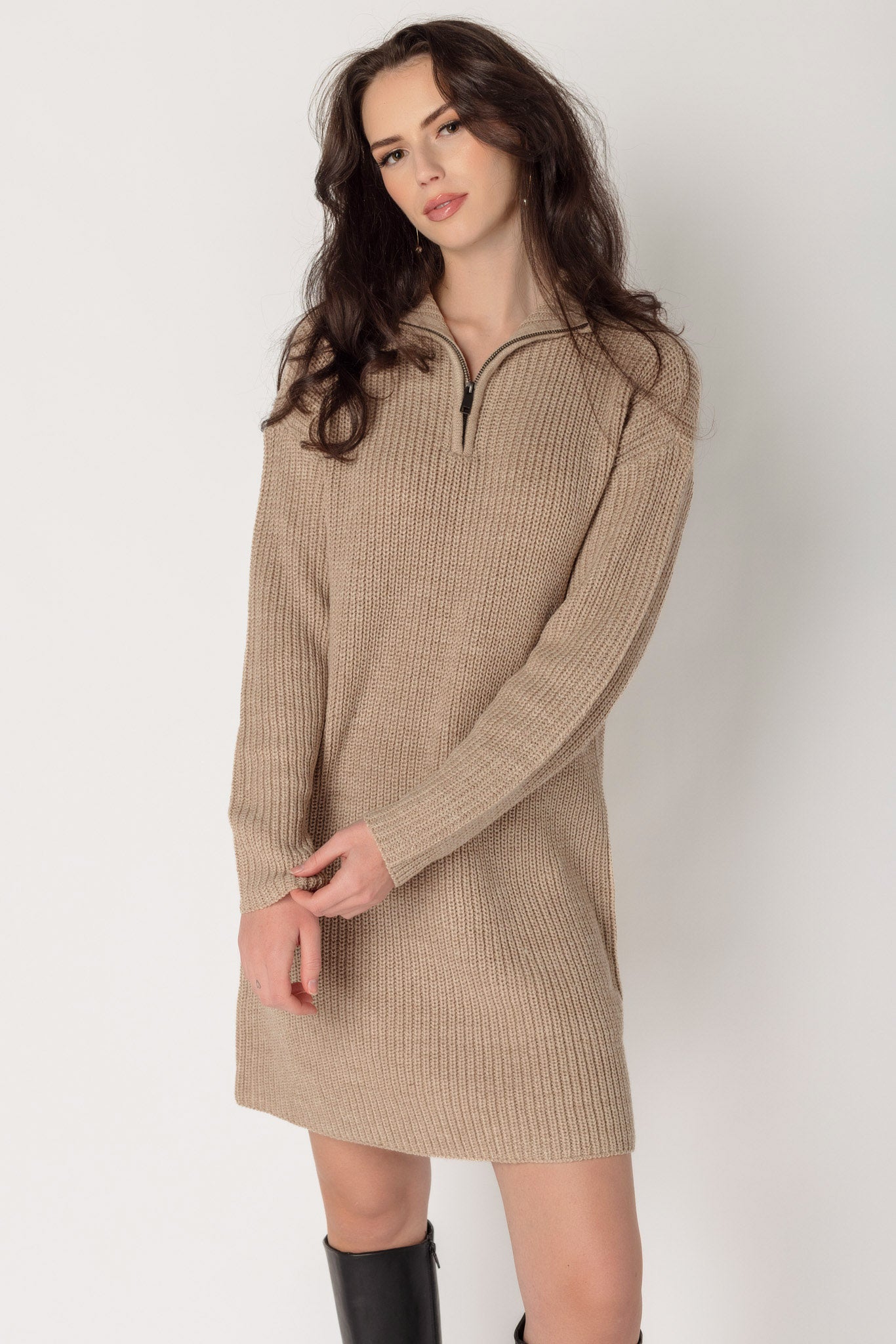 Quarter Zip Long Sleeve Sweater Dress