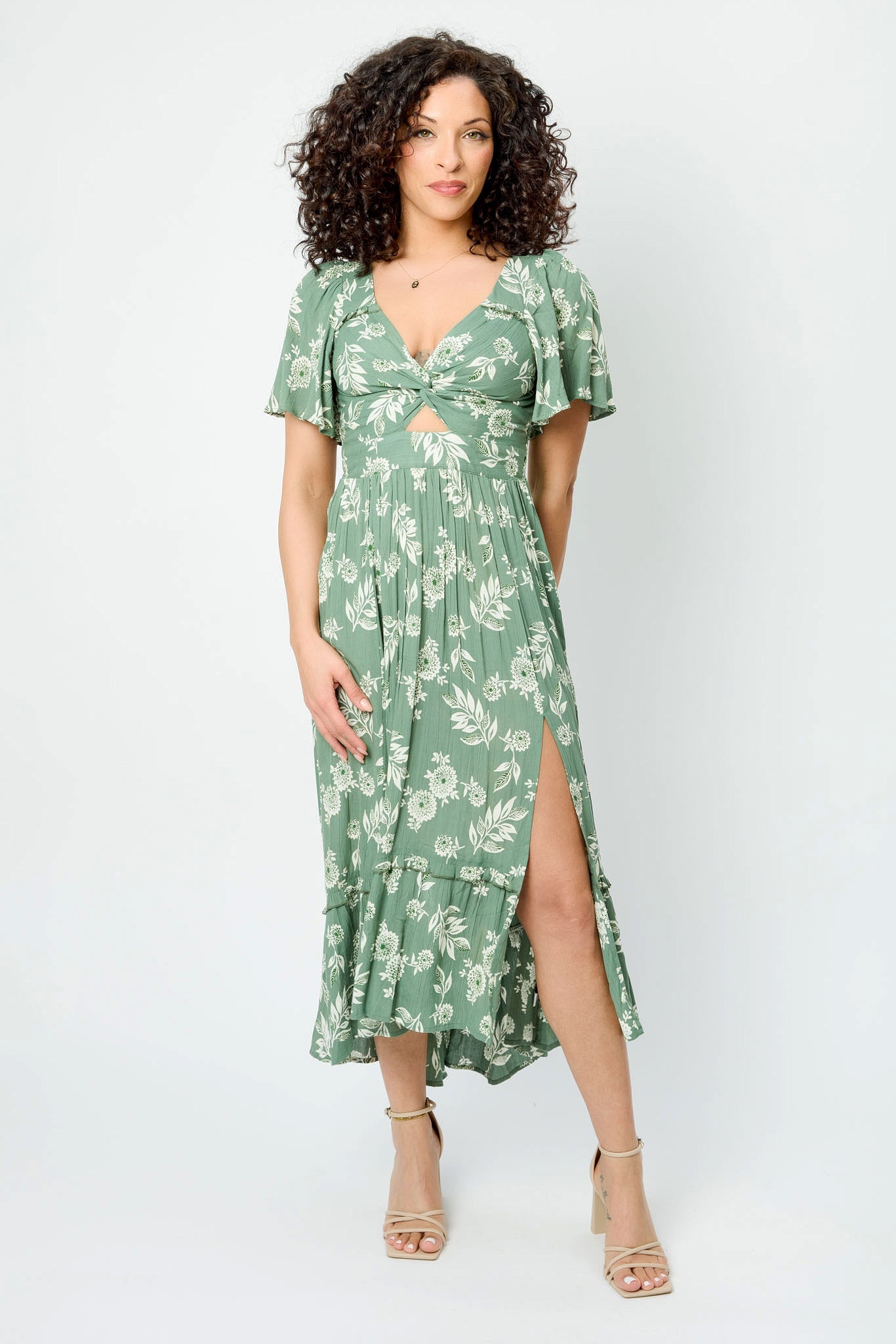 Floral Knotted V-Neck Bell Sleeve High-Low Maxi Dress with Cut-Out