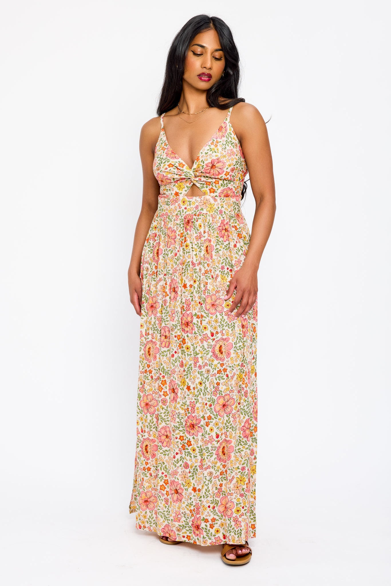 Floral Spaghetti Strap V-Neck Maxi Dress with Cut-Out