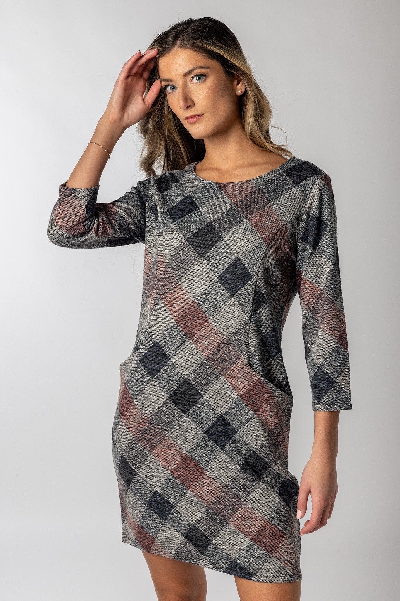 3/4 Sleeve Plaid Dress with Pockets