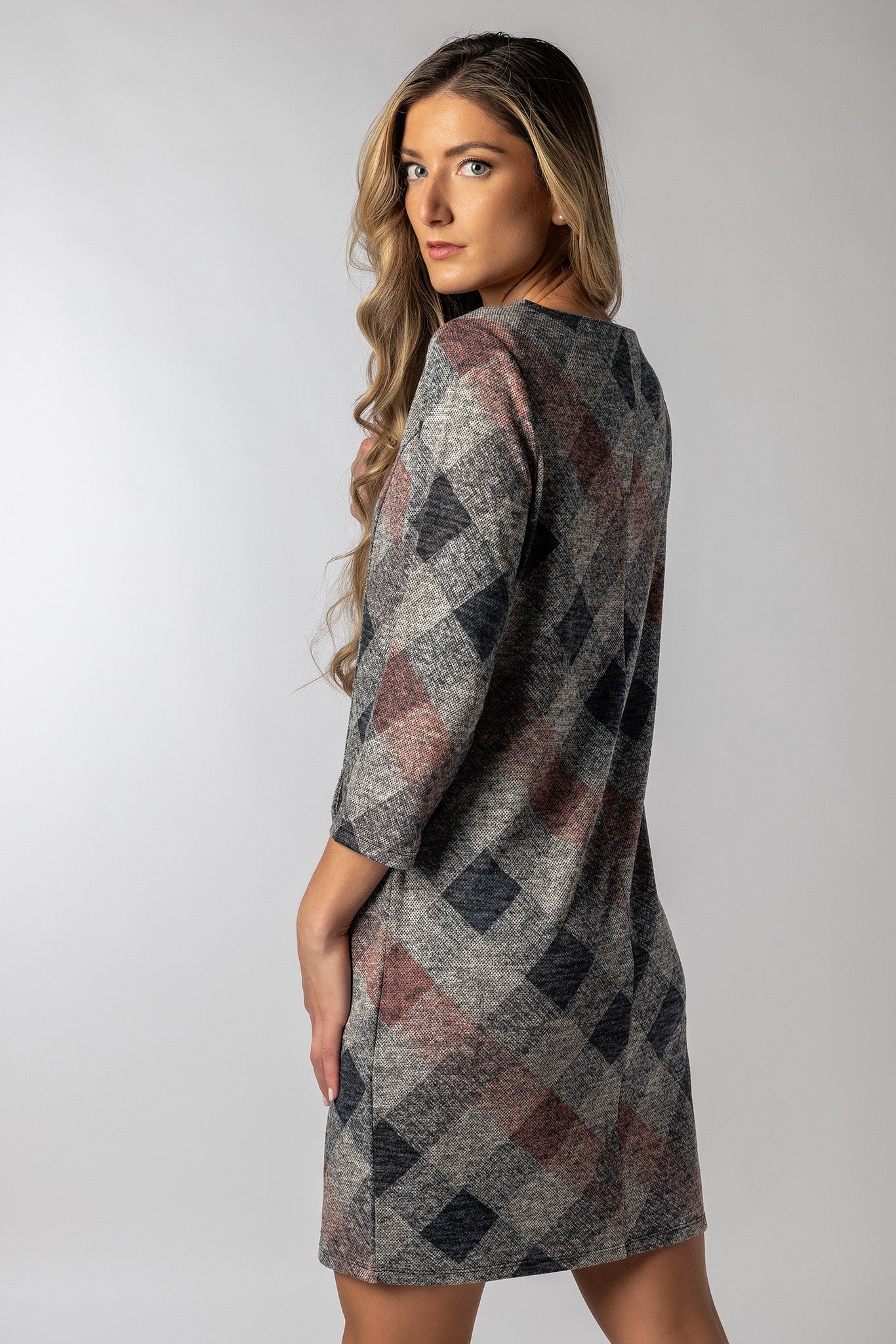 3/4 Sleeve Plaid Dress with Pockets