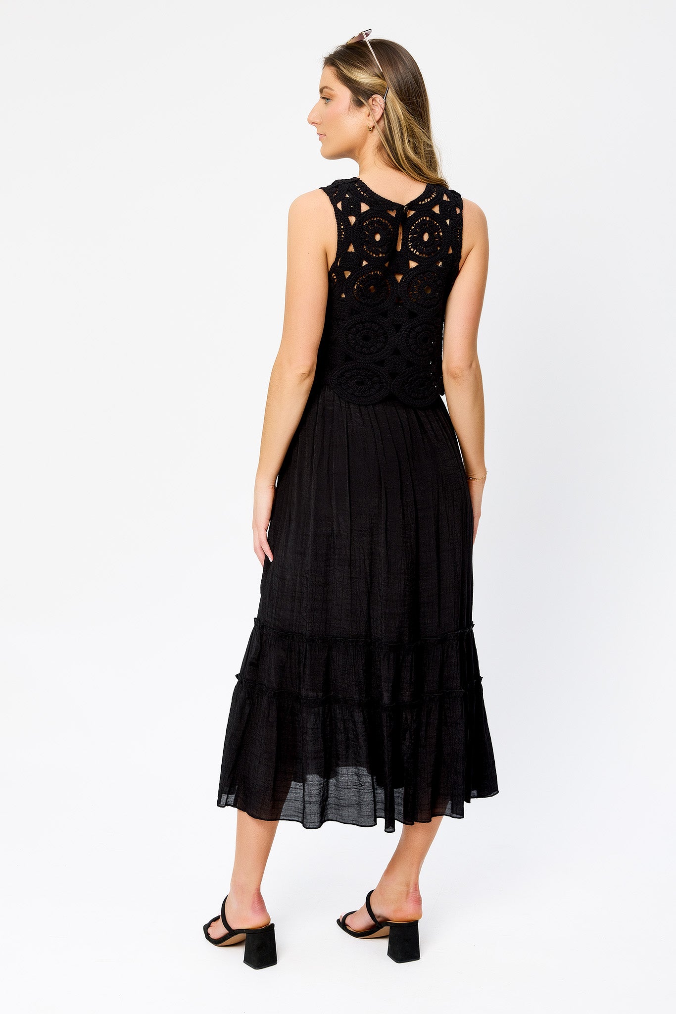 Gauze Sleeveless Crew-Neck Maxi Dress with Crochet Shell
