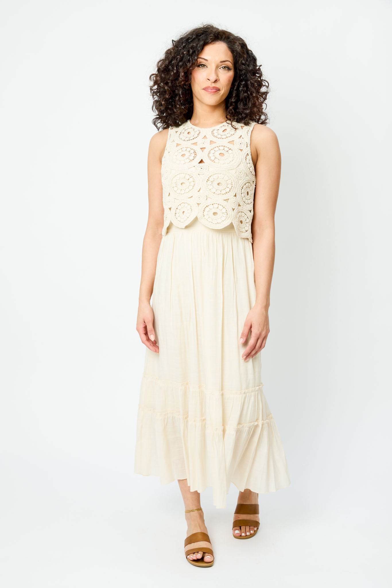 Gauze Sleeveless Crew-Neck Maxi Dress with Crochet Shell