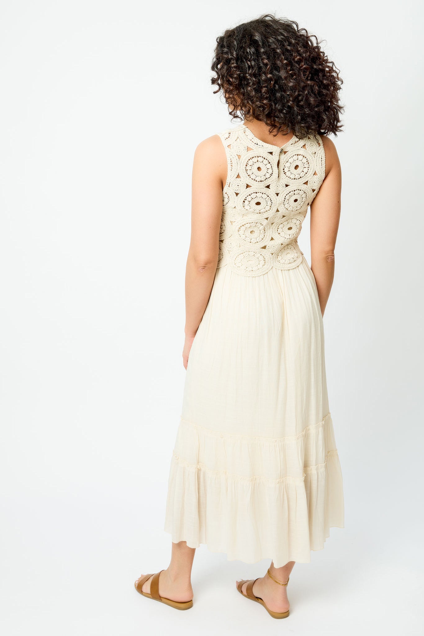 Gauze Sleeveless Crew-Neck Maxi Dress with Crochet Shell