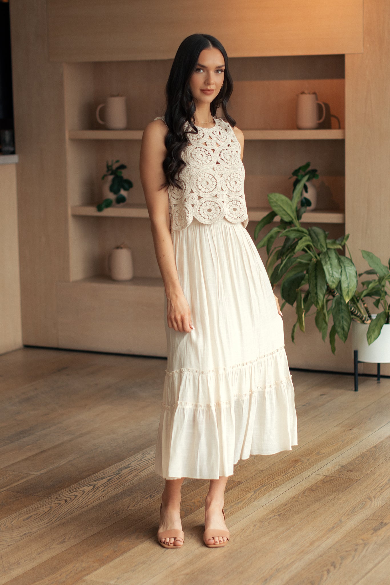 Gauze Sleeveless Crew-Neck Maxi Dress with Crochet Shell