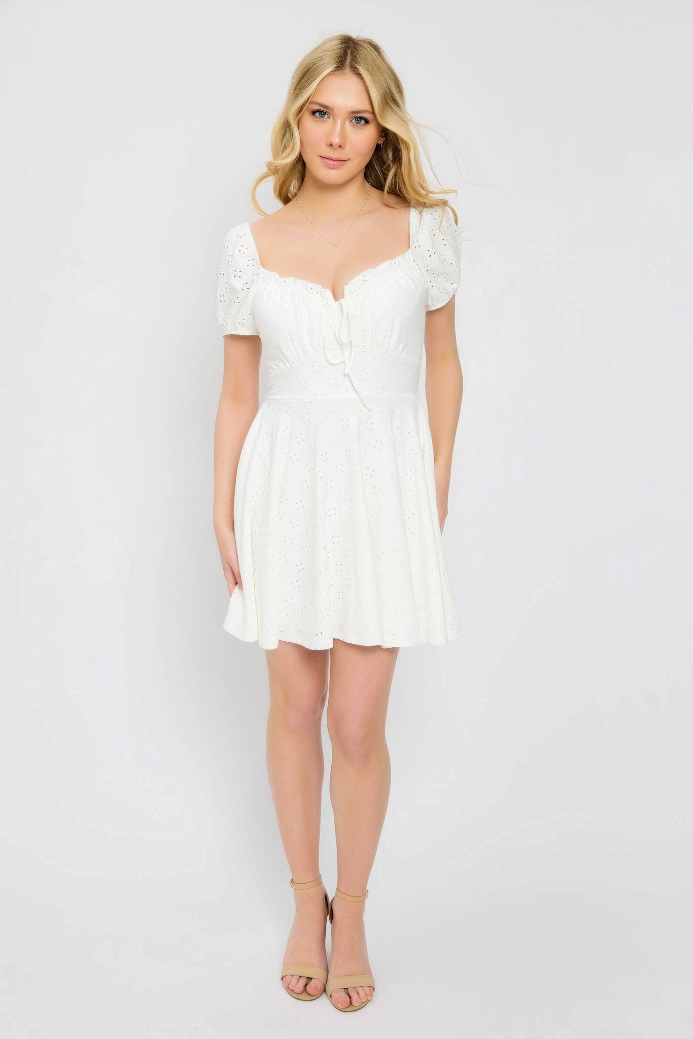 Eyelet Puff-Sleeve Skater Dress