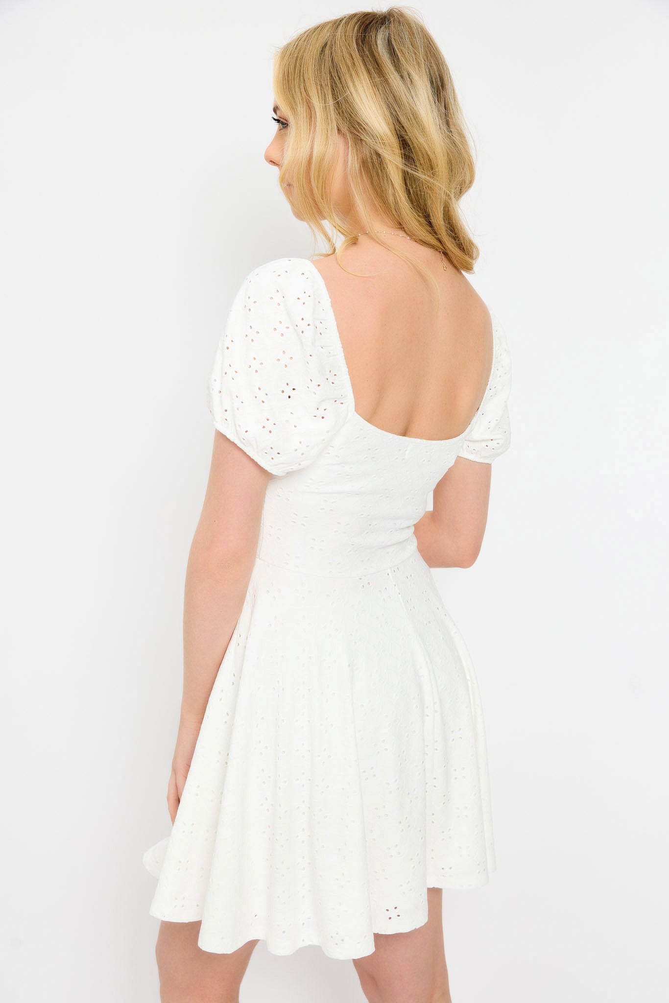 Eyelet Puff-Sleeve Skater Dress