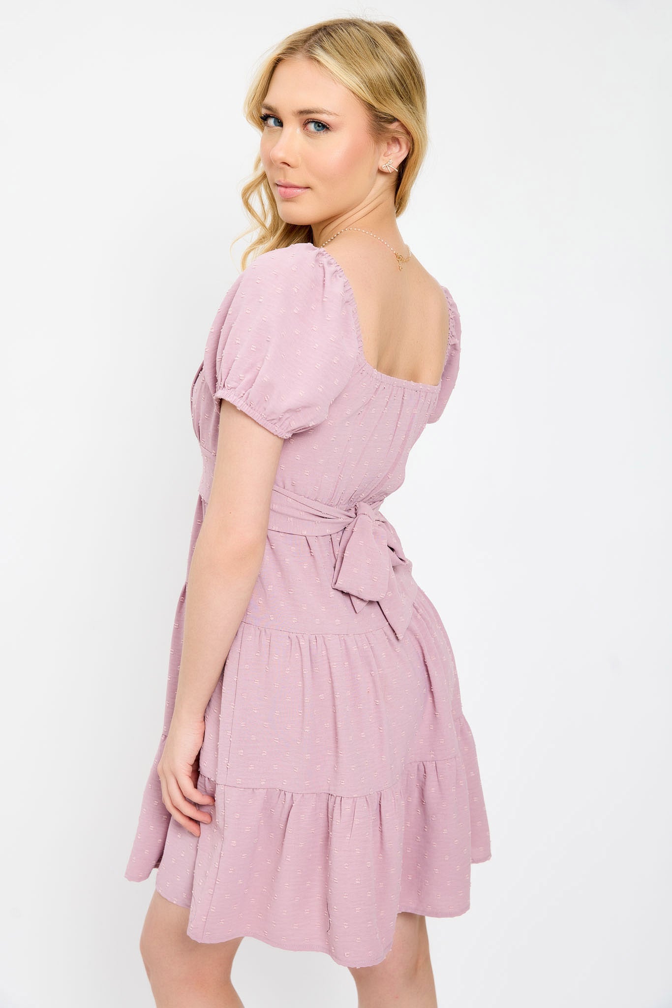 Swiss Dot Short-Sleeve Tiered Dress