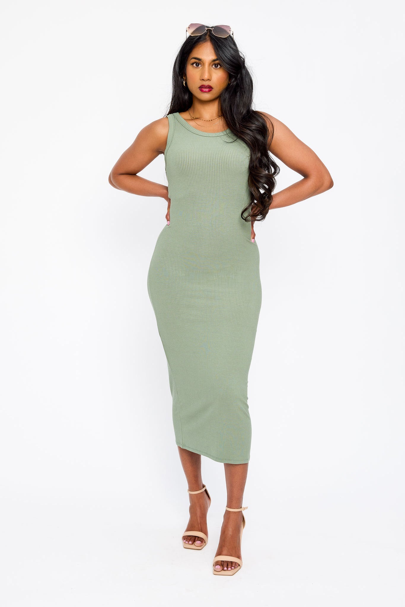 Ribbed Sleeveless Crew-Neck Midi Tank Dress