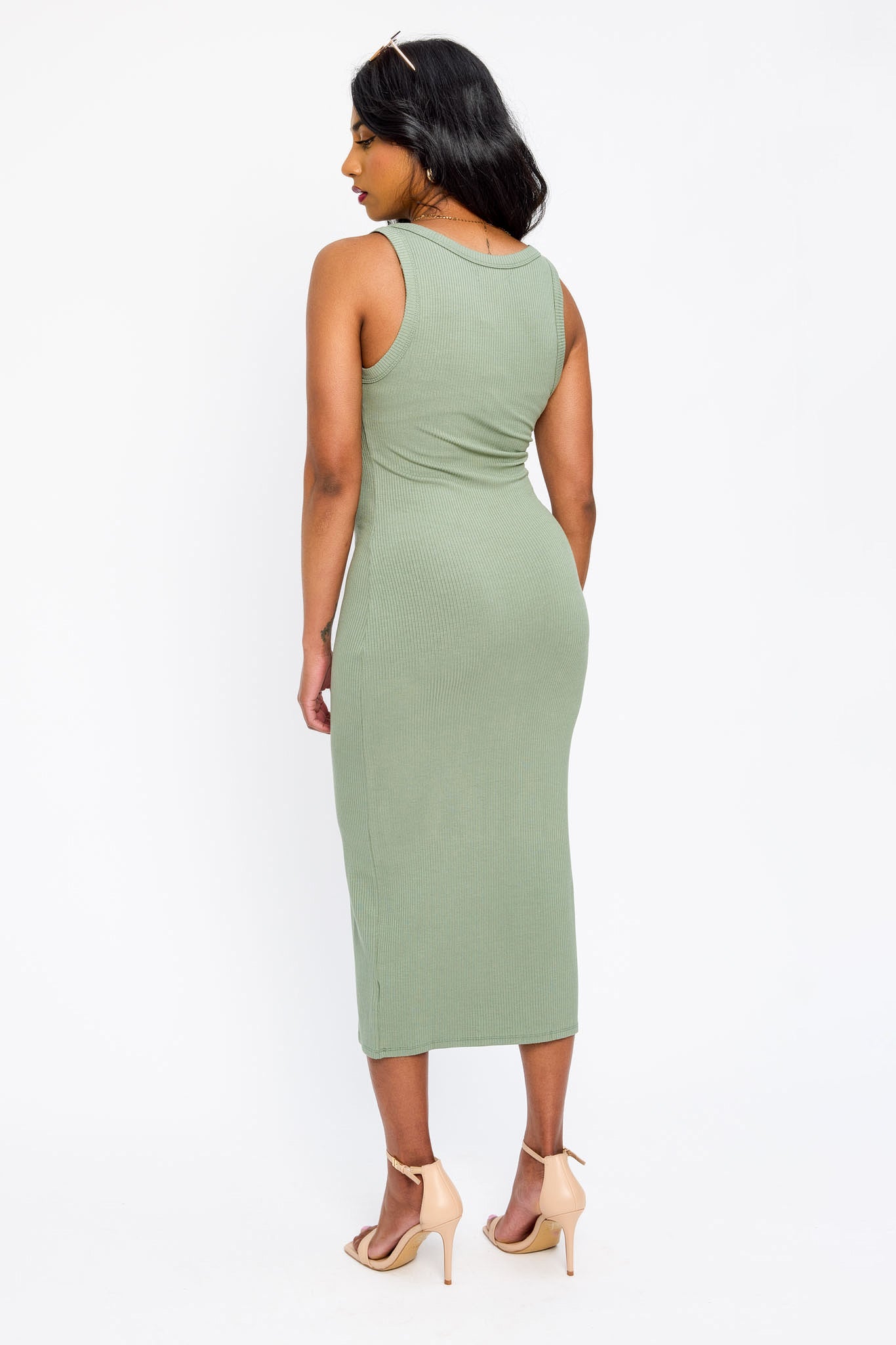 Ribbed Sleeveless Crew-Neck Midi Tank Dress
