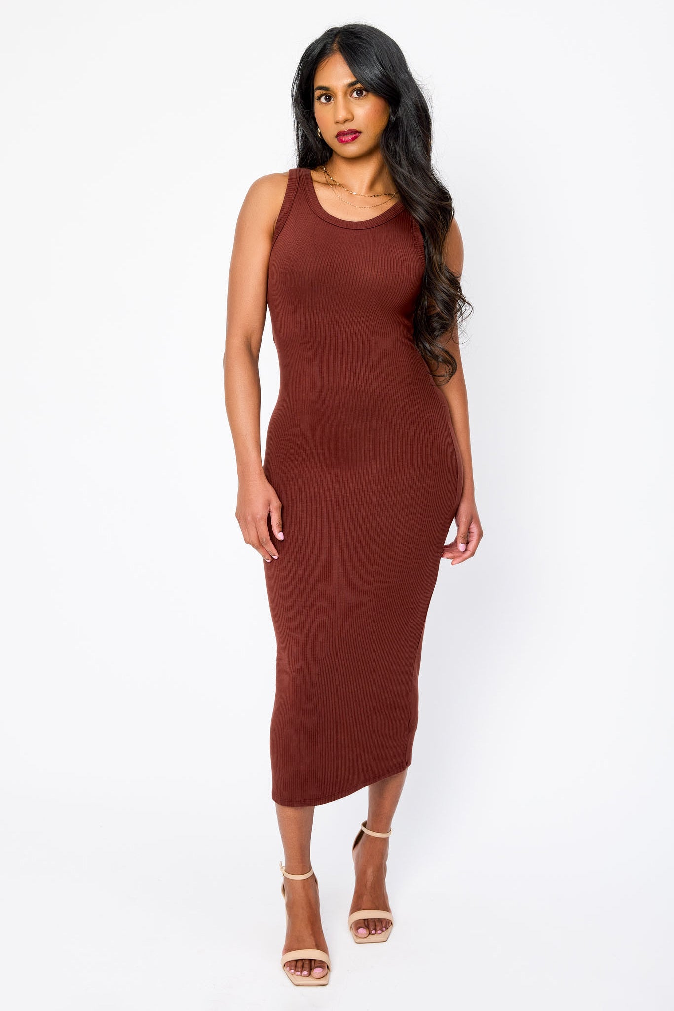 Ribbed Sleeveless Crew-Neck Midi Tank Dress
