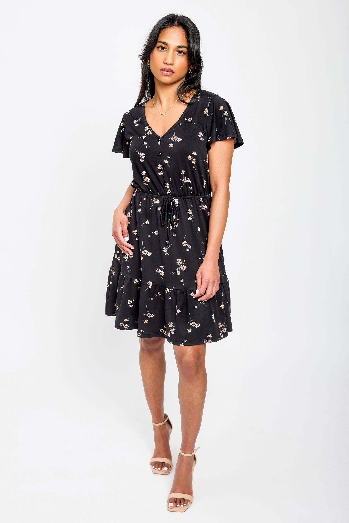 Daisy-Print Flutter-Sleeve V-Neck Dress