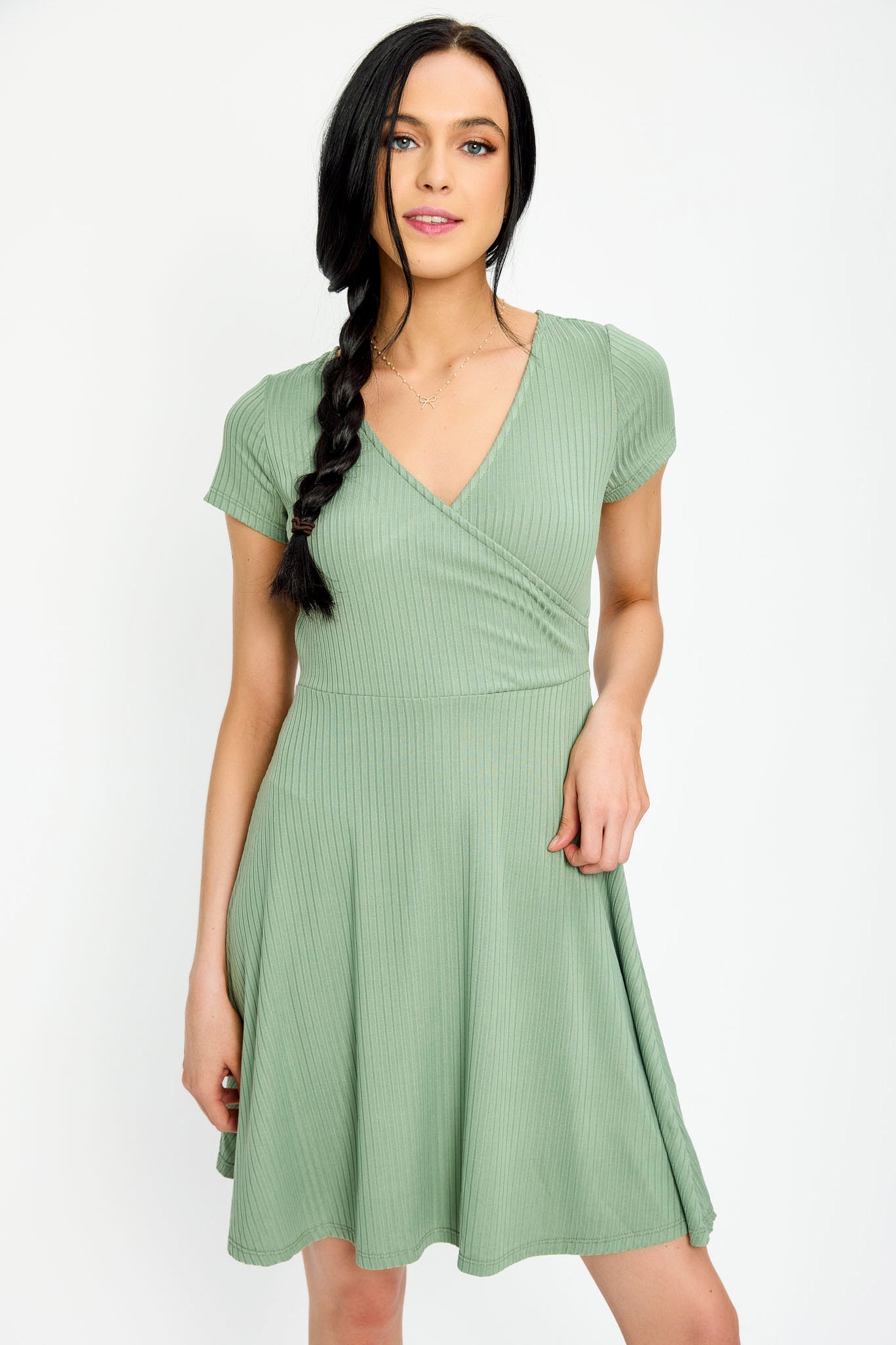 Ribbed Knit Crossover Skater Dress
