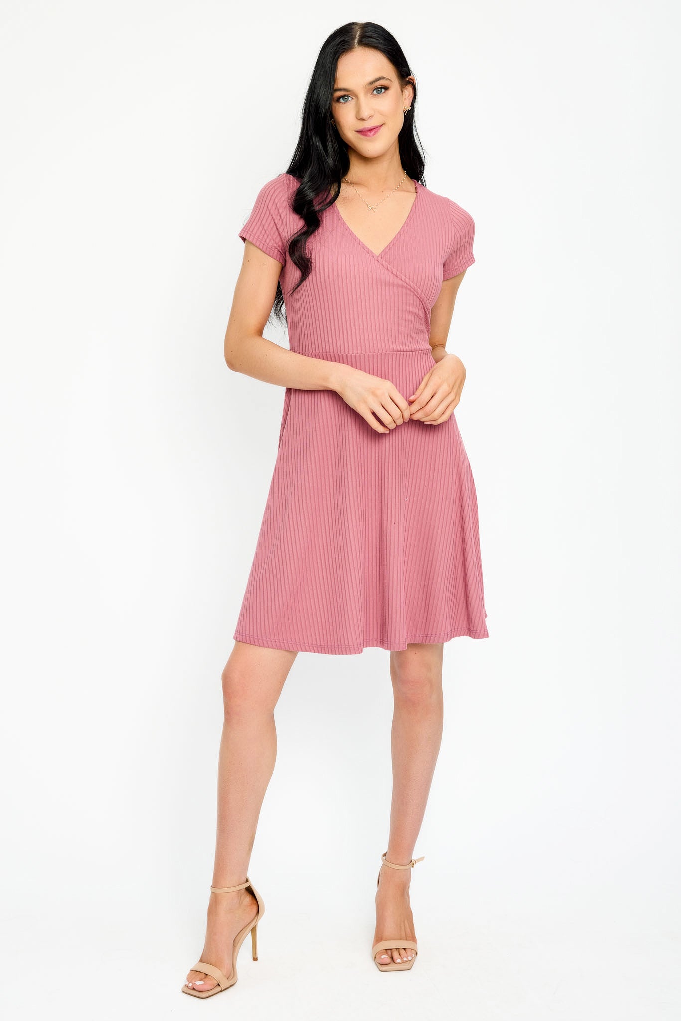 Ribbed Knit Crossover Skater Dress