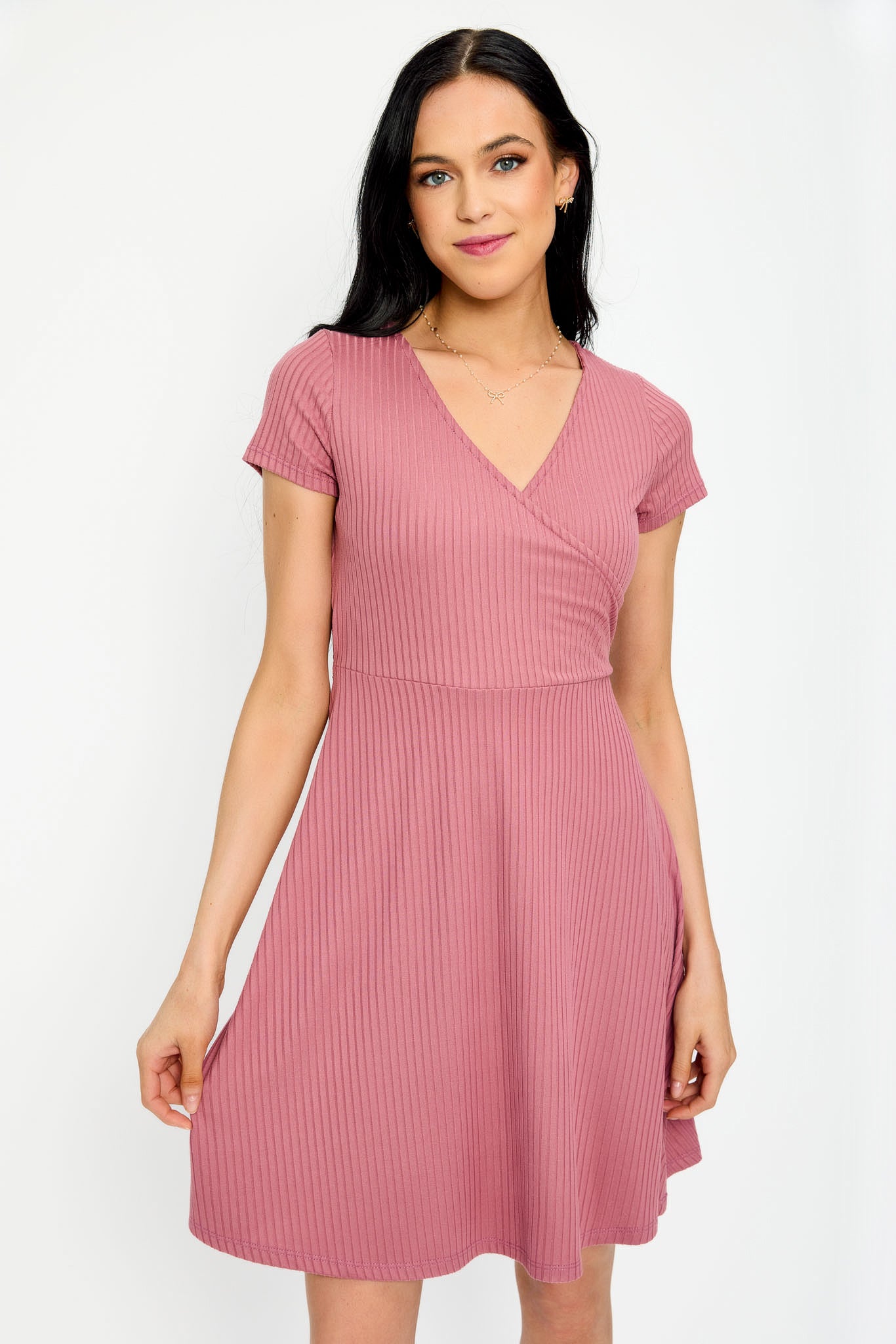 Ribbed Knit Crossover Skater Dress