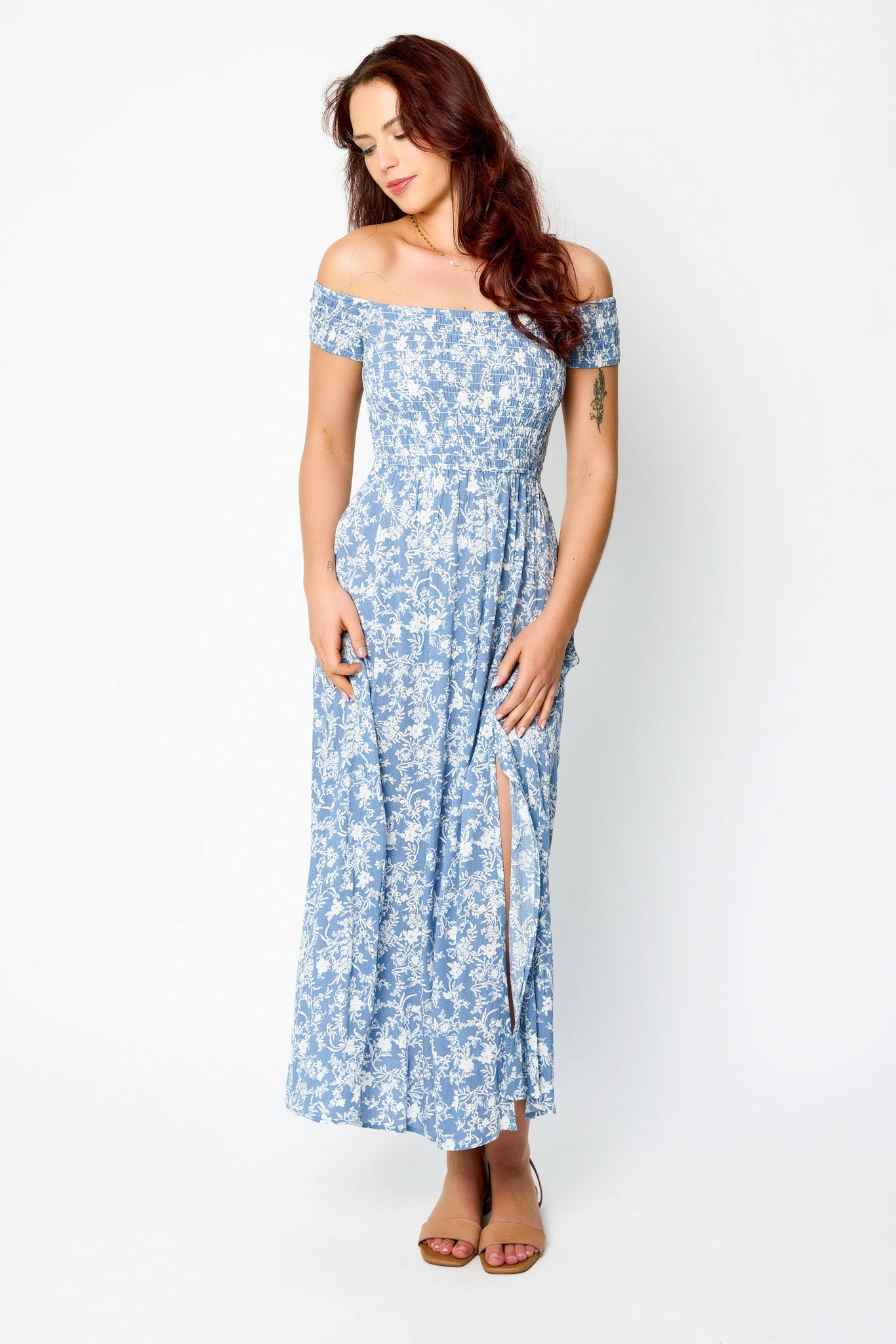 Floral Smocked Off-The-Shoulder Square Neck Dress with Double Slits