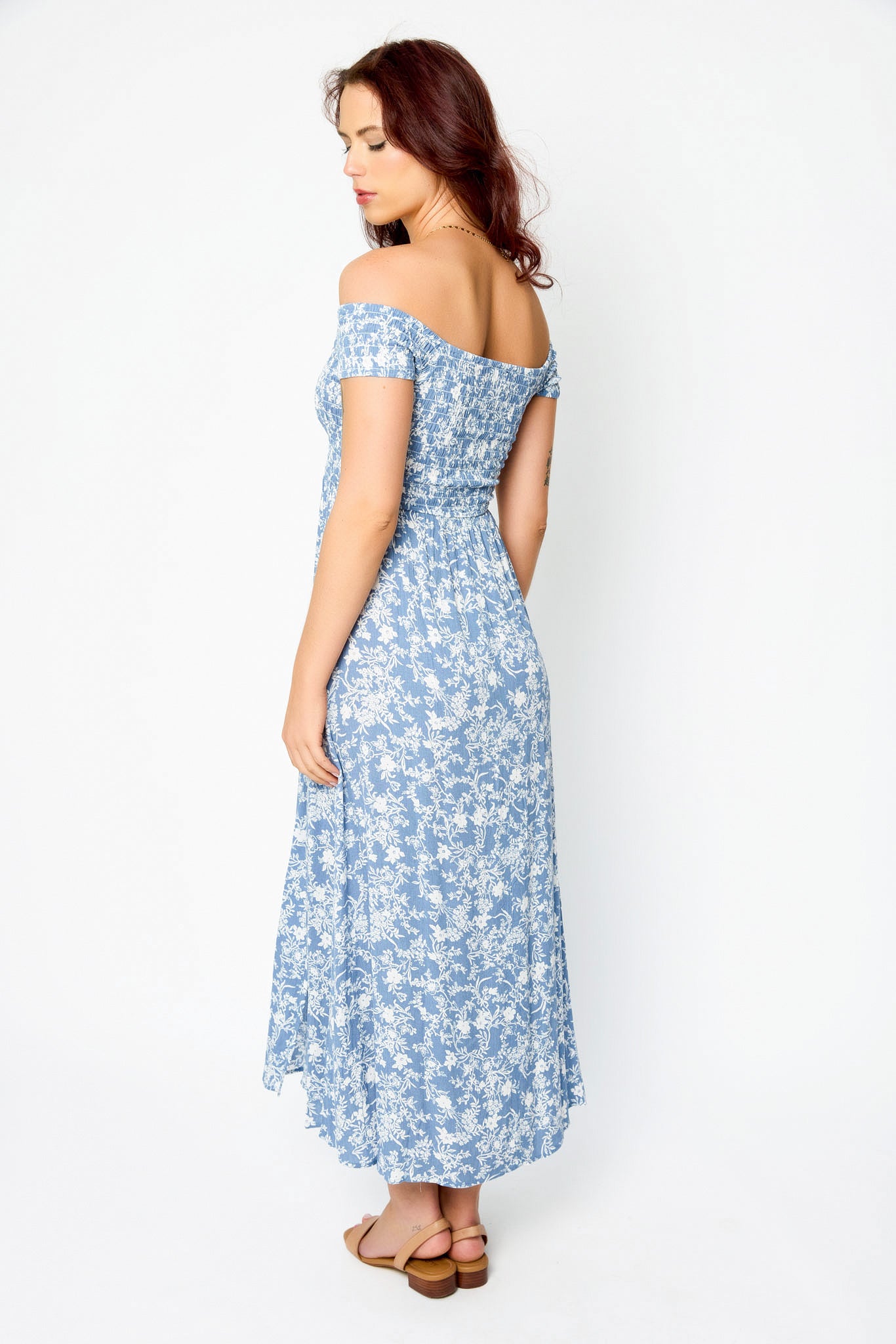 Floral Smocked Off-The-Shoulder Square Neck Dress with Double Slits
