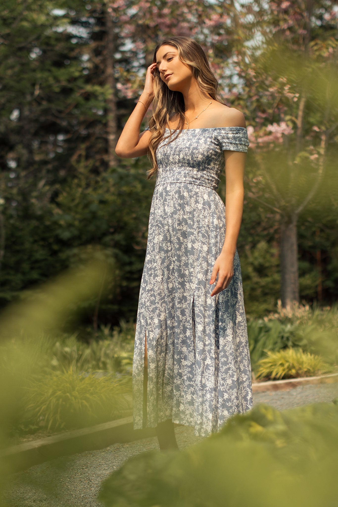 Floral Smocked Off-The-Shoulder Square Neck Dress with Double Slits