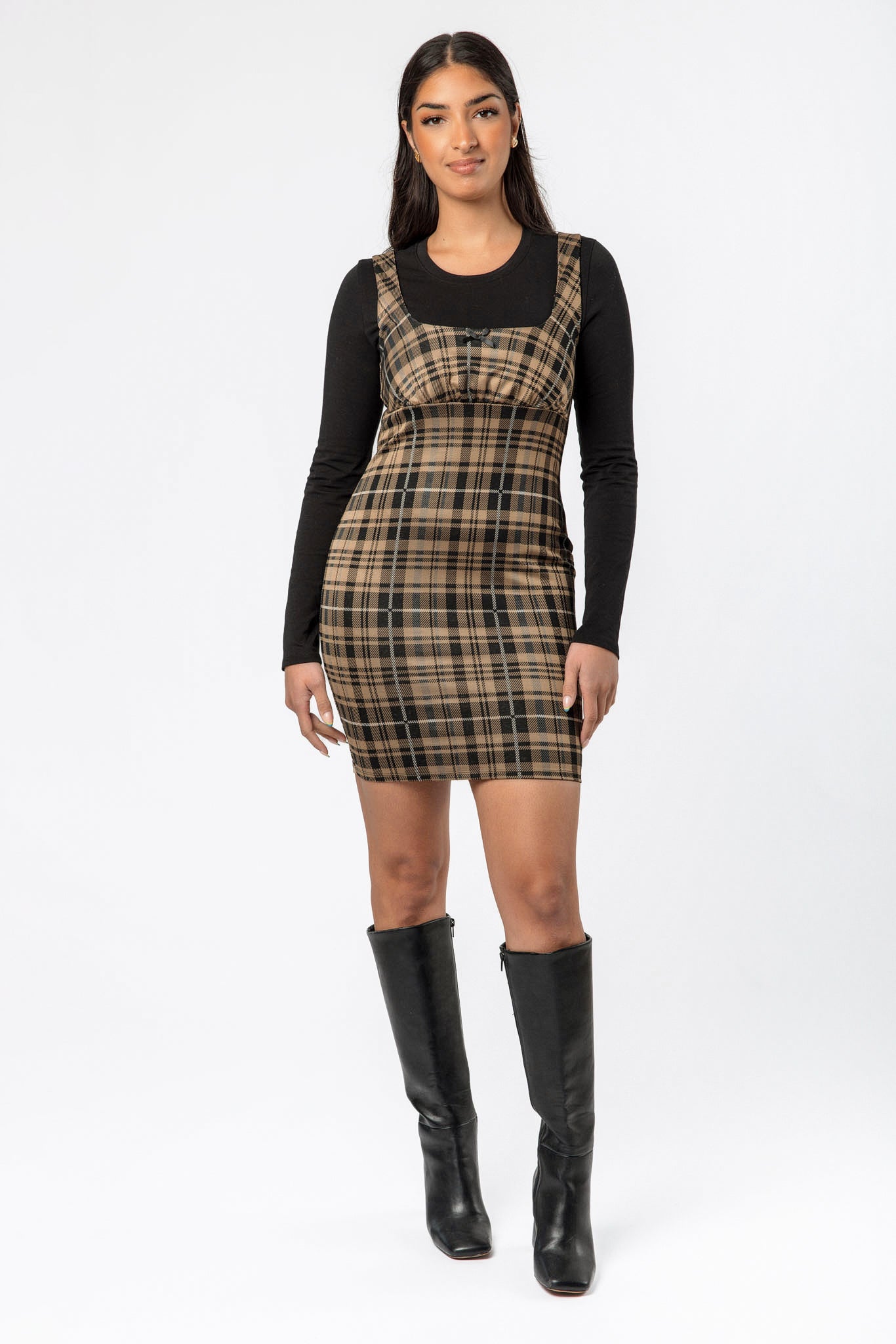 Plaid Square-Neck Bodycon Dress with Bow Detail